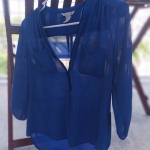 H&M Sheer Dark Blue Tunic Blouse